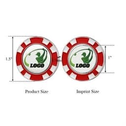 A red and white golf ball marker featuring a logo with a golfer graphic. Dimensions are indicated on the image.