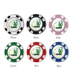 Full colour custom golf ball markers available in white, black, pink, green, red, and blue, featuring a logo.