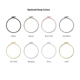 A display of optional hoop colours for a product, featuring black, bronze, rose gold, gun black, KC gold, rhodium, silver, and gold.