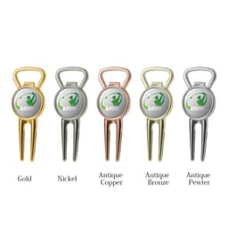 A drink bottle opener metal divot tool in gold, nickel, antique copper, antique bronze, and antique pewter finishes, each with a logo.