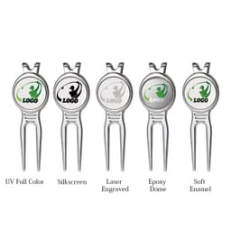 A divot tool with a custom logo ball marker, featuring various styles, all in silver with coloured markers.
