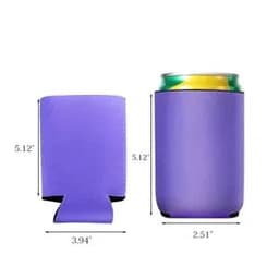 A purple neoprene collapsible can cooler with dimensions displayed, featuring a can inside and a flat version beside it.