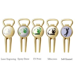 A drink bottle opener metal divot tool in gold, featuring various designs and finishes for custom branding.