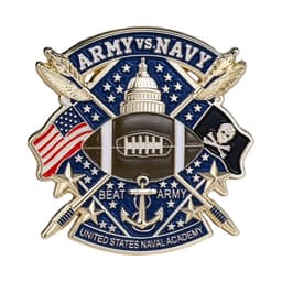 A decorative pin featuring colours of navy blue, gold, and white, depicting a football and military symbolism.