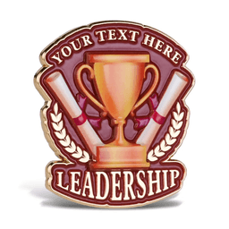A gold and maroon 3D pin features a trophy, diplomas, and laurel leaves, with a placeholder for text.