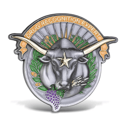 A 3D pin featuring a black bull's head, a star, and ornate detailing in silver, green, and gold colours.