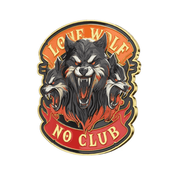 A 3D pin featuring three fierce wolf heads, accented with fiery red and orange details, set against a black background.