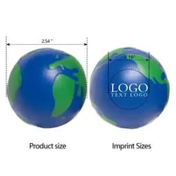 A blue and green earth-shaped stress ball with a logo area and size dimensions indicated.
