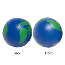 A stress ball shaped like Earth, featuring a blue base with green landmasses. It has a logo on it.