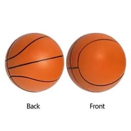 An orange basketball stress ball with black lines, displayed from the front and back views.