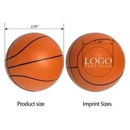 An orange basketball stress ball with black lines and imprinted logo, featuring product size and imprint size measurements.