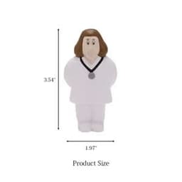 A stress ball shaped like a doctor, featuring a white outfit and brown hair. It has a logo on the front.