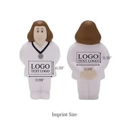 A white doctor-shaped stress ball with brown hair, featuring a logo on its front and back.