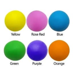 A set of six squeeze stress balls in yellow, rose red, blue, green, purple, and orange, featuring various colours.