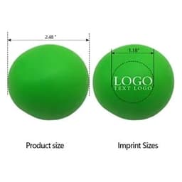 A green stress ball with measurements displayed for product and imprint sizes, featuring a logo on one side.