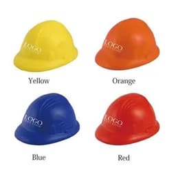 A hard hat stress ball in yellow, orange, blue, and red, each featuring a logo.