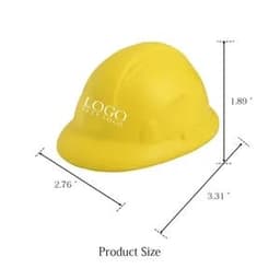 A yellow hard hat stress ball with a logo, featuring dimensions of 2.76 inches by 1.89 inches by 3.31 inches.