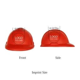 A red hard hat stress ball with a logo space, displayed from the front and side views, showing imprint sizes.