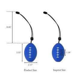A blue stress relief grip ball shaped like a rugby ball with a black rope attached for easy handling.