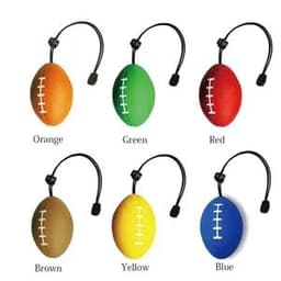 A set of eight stress relief grip balls in orange, green, red, brown, yellow, and blue, each with a rope and branding.
