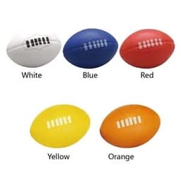 A large football stress ball in white, blue, red, yellow, and orange, featuring a logo on each.