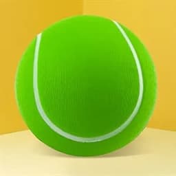 A bright green tennis stress ball with white markings, displayed against a yellow background.