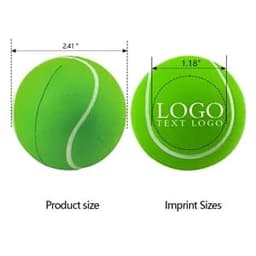 A green tennis stress ball with a white seam, featuring a logo on one side and dimensions.