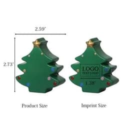 A green Christmas tree stress ball with decorative ornaments and a star on top, featuring a logo on one side.