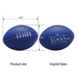 A blue football stress ball with a logo and measurement details displayed.