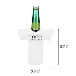 A drink bottle cooler shaped like a T-shirt in white, featuring a logo, for beverage bottles.