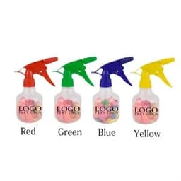 A drink bottle shaped like a spray bottle, available in red, green, blue, and yellow, featuring a logo.