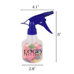 A drink bottle with a blue spray nozzle, containing colourful water balloons inside. It features a logo on the front.