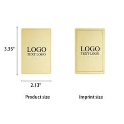 A gold NFC metal business card with dimensions displayed, featuring a logo and text imprint area.