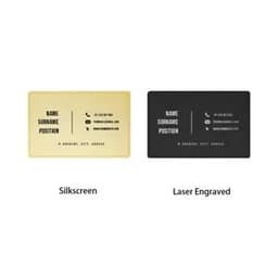 A metallic gold and black NFC business card, featuring details on one side and a logo.