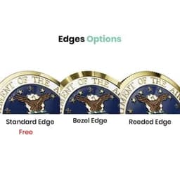 Three custom 2D die-struck mint coins displaying different edge styles: Standard, Bezel, and Reeded, with gold and blue colours.