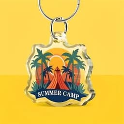 A custom acrylic keychain featuring a summer camp design with palm trees and a tent, set against a vibrant yellow background.