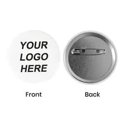 Circle custom buttons, featuring a white front with a logo area and a metallic back with a pin attachment.