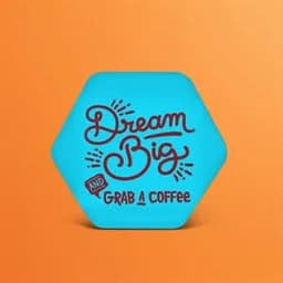 A hexagonal button in vibrant teal with a playful design and a logo.