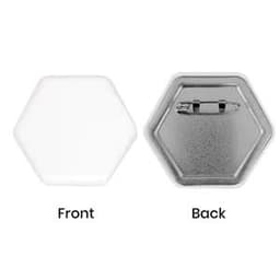 A hexagonal custom button, featuring a white front and a metallic back with a pin attachment.