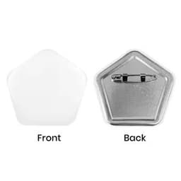 Pentagonal custom buttons in white with a silver backing and pin attachment. Front is blank, back features pin mechanism.