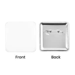 Two square custom buttons in white, displaying a smooth front and a metallic back with a pin mechanism.
