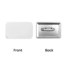 A rectangular custom button, 2.4" x 1.6", featuring a white front and a metallic back with a pin attachment.