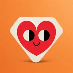 A red and white diamond-shaped button featuring a smiling heart design on an orange background.