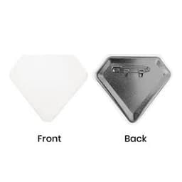 A diamond-shaped button, white on the front and silver on the back, featuring a secure pin attachment.