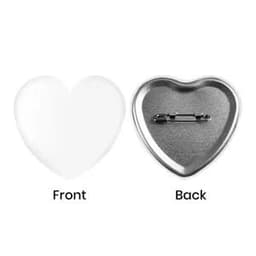 A heart-shaped custom button featuring a plain white front and a metallic back with a pin attachment.