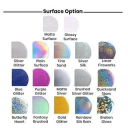 A selection of surface options for custom buttons, featuring various finishes like matte, glossy, and glitter in multiple colours.