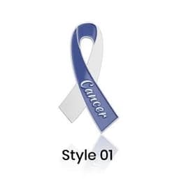 A lapel pin featuring a blue and white awareness ribbon with the word "Cancer" displayed. It includes a logo.