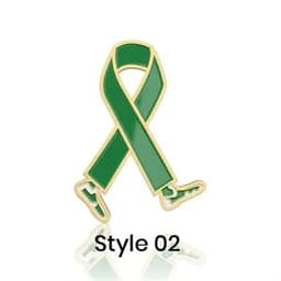 A green awareness ribbon lapel pin with a gold outline, featuring stylised feet at the bottom.