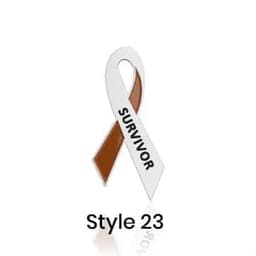 A brown and silver lapel pin in the shape of an awareness ribbon, featuring the word "SURVIVOR" and a logo.