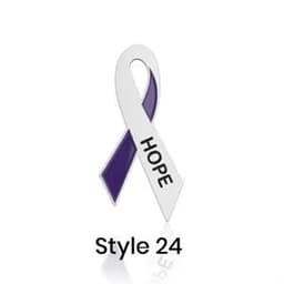 A purple and silver awareness ribbon lapel pin featuring the word "HOPE" and a logo.